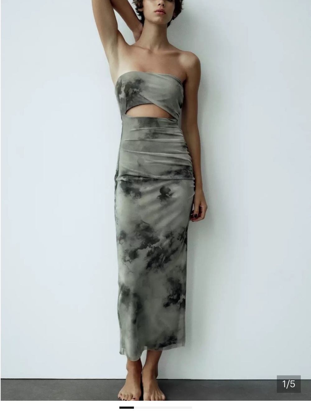 Zara Strapless Grey Tie-Dye Cutout Midi Dress